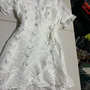 FAVLUX White Textured Dot Ruffle Kids Dress